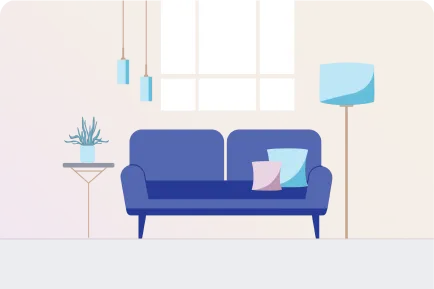 illustrated graphic of a blue couch in a living room