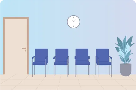 illustrated graphic of 4 blue chairs in a waiting room