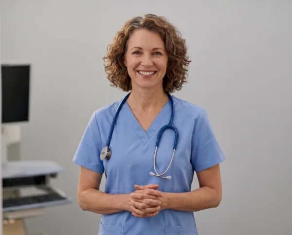 Waist up portrait of Black woman with curly brown hair wearing purple scrubs and a stethoscope smiling at the camera