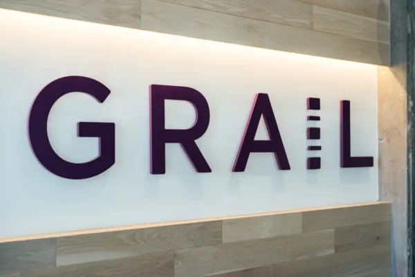 large purple GRAIL logo on the wall at company headquarters