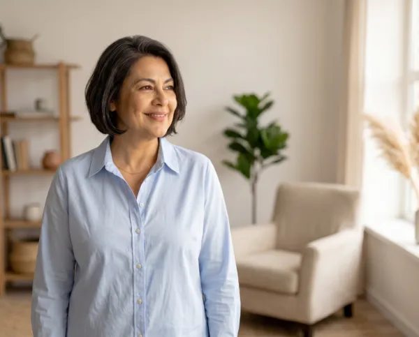 Black woman with long gray hair wearing black cat-eye glasses, a pink and blue striped shirt, and jeans smiling in front of an open door in her home