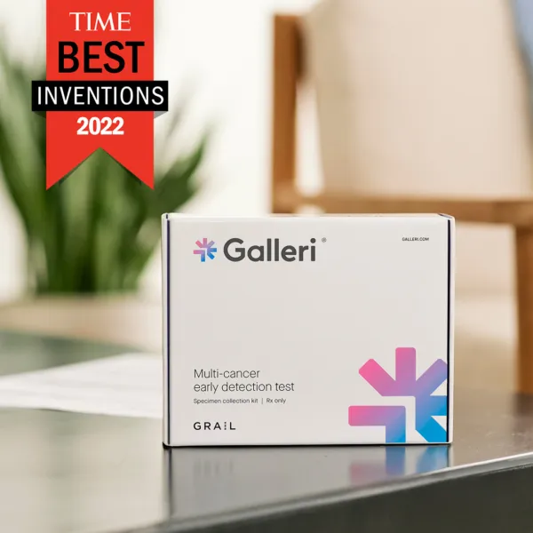 close-up of the Galleri test box sitting on a table with red "Time Best Inventions of 2022" banner in the upper left corner
