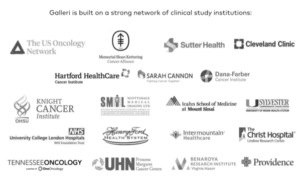 image depicting the logos of the network of insititutions who have participated or are participating in clinical studies of the Galleri test
